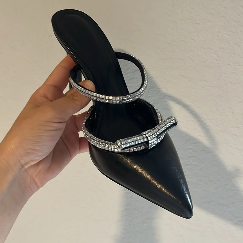 SCHUTZ Avril Crystal Trim‎ Leather Rhinestones Stilettos Heels size 7.5